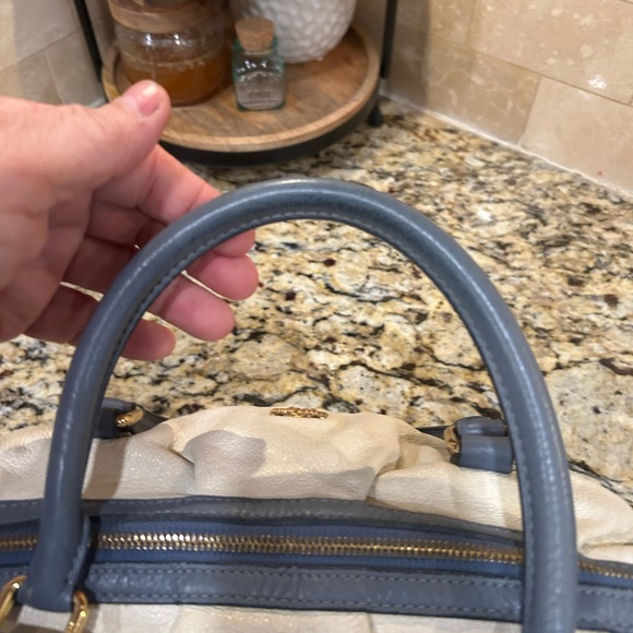 MCM Munich Leather Satchel Top Handle Bag Cream Blue Gold Hardware - Picture 5 of 13